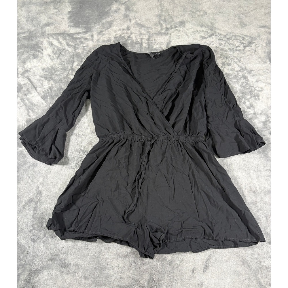 Express Women Bell Sleeve Surplice Romper Size M Black Elastic Waist Drawstring